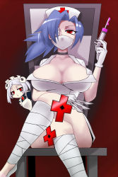 Rule 34 | 2girls, :3, apron, bandages, bloody marie (skullgirls), blue hair, breasts, chair, choker, cleavage, crossed legs, dress, eyepatch, gloves, gradient background, hair ornament, hair over one eye, hand on thigh, hat, highres, holding, large breasts, looking at viewer, maid, maid apron, maid headdress, mask, mitsumi (fuha-2), mouth mask, multiple girls, nurse, nurse cap, peeking, ponytail, red eyes, scalpel, short dress, sitting, skull hair ornament, skullgirls, surgical mask, symbol-shaped pupils, syringe, twintails, valentine (skullgirls), white gloves, white hair