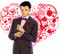 Rule 34 | 1boy, adjusting clothes, adjusting sleeves, argyle, argyle background, argyle clothes, black eyes, black hair, black jacket, bow, bowtie, breast pocket, buttons, clenched hands, closed mouth, collared shirt, facing viewer, formal, fullmetal alchemist, hair slicked back, hands up, heart, heart background, heart in pocket, heart on chest, highres, jacket, light smile, looking afar, male focus, pocket, polka dot, polka dot background, red bow, red bowtie, roy mustang, shirt, simple background, solo, suit, upper body, urikurage, white background, white shirt