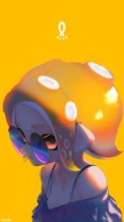 Rule 34 | 1girl, bad id, bad twitter id, bare shoulders, breasts, cleavage, closed mouth, collarbone, highres, jewelry, kashu (hizake), light, looking at viewer, monster girl, necklace, nintendo, octoling, octoling girl, octoling player character, off shoulder, orange background, orange eyes, orange hair, pointy ears, round eyewear, shade, short hair, sideways glance, signature, simple background, solo, splatoon (series), splatoon 2, splatoon 2: octo expansion, strap gap, striped, suction cups, sunglasses, tentacle hair, upper body