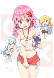 Rule 34 | 3girls, :d, bare arms, bare shoulders, barefoot, black shorts, blonde hair, blue scarf, blue shorts, blush, braid, camisole, character request, chibi, chinese commentary, commentary request, flower, hair flower, hair ornament, halterneck, hatsunatsu, highres, holding, kuuki shoujo, long hair, midriff, mini person, minigirl, multiple girls, navel, notice lines, open mouth, pink hair, red eyes, red flower, red shorts, scarf, sergestid shrimp in tungkang, short shorts, shorts, silver hair, smile, sweat, thighhighs, very long hair, wavy mouth, white camisole, white legwear, xiao ma, xuan ying, | |, || ||
