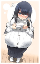 Rule 34 | 1girl, absurdres, black hair, blue eyes, blunt bangs, blush, bottle, breasts, closed mouth, collared shirt, embarrassed, from above, full body, hair over shoulder, highres, huge breasts, konoshige (ryuun), lactation, lactation through clothes, literary girl (konoshige), long hair, long skirt, looking at viewer, milk, original, shiny skin, shirt, sidelocks, skirt, smile, socks, solo, standing, sweat, sweatdrop