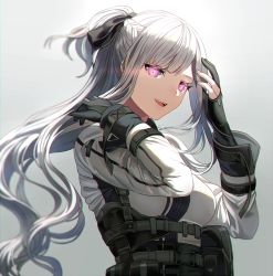 Rule 34 | 1girl, ak-12 (girls&#039; frontline), black ribbon, blush, braid, breasts, duplicate, french braid, girls&#039; frontline, gloves, hands up, jacket, large breasts, long hair, long sleeves, looking at viewer, partially fingerless gloves, purple eyes, ribbon, sidelocks, silence girl, silver hair, smile, solo, strap, unzipped, very long hair