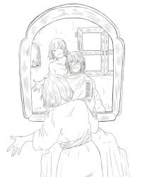 Rule 34 | 1boy, 1girl, bob cut, brother and sister, candle, candlestand, cloak, comb, commentary, dress, dungeon meshi, facial hair, facing away, facing viewer, falin touden, falin touden (tallman), from behind, greyscale, h sinva, hair between eyes, hairdressing, hand up, highres, holding, holding comb, indoors, laios touden, long sleeves, looking at another, mirror, monochrome, outstretched arm, reflection, short hair, siblings, simple background, sketch, smile, stubble, symbol-only commentary, under covers, window