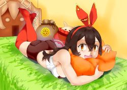 Rule 34 | 1girl, absurdres, amber (genshin impact), artist request, ass, bare shoulders, bed, blush, breasts, brown hair, denim, denim shorts, genshin impact, hair ribbon, hairband, highres, long hair, looking at viewer, lying, medium breasts, hugging object, on stomach, orange eyes, pillow, pillow hug, ribbon, shiny skin, short shorts, shorts, smile, solo, thighhighs