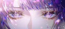Rule 34 | 1girl, close-up, eye focus, eye reflection, genshin impact, hair between eyes, highres, looking at viewer, mole, mole under eye, purple eyes, purple hair, raiden shogun, reflection, solo, sparkle, zhumojian
