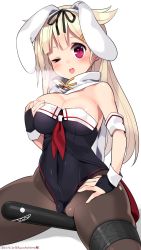 Rule 34 | 10s, 1girl, ;o, adapted costume, between legs, blonde hair, breasts, hair flaps, heart, heart-shaped pupils, heavy breathing, highres, image sample, kantai collection, kuro chairo no neko, large breasts, leotard, long hair, md5 mismatch, one eye closed, pantyhose, playboy bunny, red eyes, resolution mismatch, simple background, solo, source larger, symbol-shaped pupils, torpedo, yuudachi (kancolle), yuudachi kai ni (kancolle)