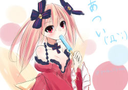Rule 34 | 1girl, alyn (fairy fencer f), bare shoulders, breasts, detached sleeves, fairy fencer f, food, frills, lolita fashion, long hair, long sleeves, open mouth, padocchi (kurokitsune), popsicle, red eyes, red hair, skirt, smile, solo, twintails