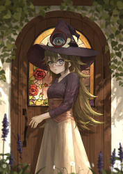 Rule 34 | 1girl, absurdres, blue eyes, brown hair, brown hat, corset, door, female focus, flower, glasses, hat, highres, lavender (flower), long hair, long skirt, namuta (namu t22), original, parted lips, plant, purple hat, purple sweater, red-framed eyewear, ribbed sweater, semi-rimless eyewear, skirt, solo, stained glass, sweater, third eye, v-neck, vines, white skirt, window, witch, witch hat, wooden door