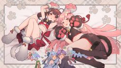 Rule 34 | 5girls, :o, ^ ^, ahoge, alternate costume, animal ear fluff, animal ears, animal hands, animal hood, aqua hair, bikini, bikini top only, black jacket, black skirt, blush, breasts, brown hair, cat cutout, cat day, cat ears, cat girl, cat tail, cleavage cutout, closed eyes, clothing cutout, commentary request, detached sleeves, gloves, green hair, hair ornament, hair ribbon, heart, highres, hood, hood down, hooded jacket, jacket, kotonoha akane, kotonoha aoi, long hair, looking at viewer, lying, multiple girls, on back, on side, open mouth, parted lips, paw gloves, paw print, paw shoes, pink hair, purple hair, red eyes, red ribbon, red skirt, ribbon, romaji text, shirinda fureiru, siblings, sisters, skirt, small breasts, sweat, swimsuit, tail, touhoku kiritan, touhoku zunko, very long hair, vocaloid, voiceroid, yuri, yuzuki yukari