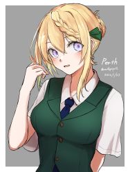Rule 34 | 1girl, blonde hair, blue necktie, border, braid, braided bun, breasts, character name, commentary request, dated, dress shirt, green vest, grey background, hair bun, highres, kantai collection, long hair, looking at viewer, medium breasts, necktie, one-hour drawing challenge, perth (kancolle), purple eyes, school uniform, shirt, short sleeves, solo, twitter username, two-tone background, umibudou, upper body, vest, white border, white shirt