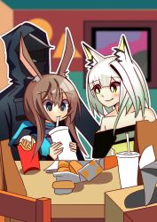 Rule 34 | 1other, 2girls, amiya (arknights), animal ears, arknights, bare shoulders, black coat, blue eyes, brown hair, burger, coat, commentary, cup, doctor (arknights), dress, drinking straw, english commentary, food, french fries, green dress, green eyes, green hair, highres, holding, holding cup, hood, hooded coat, hooded jacket, indoors, jacket, kal&#039;tsit (arknights), lynx ears, lynx girl, mcdonald&#039;s, multiple girls, parody, rabbit ears, rabbit girl, sitting, sitting on lap, sitting on person, smile, table, tyco0z, yoru mac