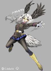 Rule 34 | 10s, 1girl, bald eagle (kemono friends), belt, bird tail, bird wings, black footwear, black jacket, black pantyhose, black wings, blonde hair, blue skirt, blush, boots, breast pocket, breasts, buttons, character name, feathered wings, full body, gloves, gradient boots, gradient footwear, grey hair, hair between eyes, head wings, highres, jacket, kemono friends, knee boots, large breasts, long hair, long sleeves, military, military jacket, military uniform, mucchiri shiitake, multicolored boots, multicolored hair, open mouth, outstretched arm, pantyhose, pleated skirt, pocket, simple background, skirt, solo, speed lines, tail, teeth, twitter username, uniform, upper teeth only, white belt, white gloves, white hair, white tail, wings, yellow eyes, yellow footwear