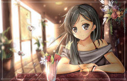Rule 34 | 1girl, 7lark, arm support, bad id, bad pixiv id, black eyes, black hair, blurry, casual, cherry, collarbone, depth of field, drinking straw, flower, food, fruit, glass, light particles, long hair, looking at viewer, original, pov across table, smile, solo, strawberry, water drop