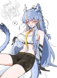 Rule 34 | 1girl, alcohol, arknights, black shorts, blue horns, blush, chibi, coat, dragon girl, dragon horns, dragon tail, drunk, heart, highres, horns, ling (arknights), navel, open clothes, open coat, pointy ears, shorts, simple background, sketch, solo, speech bubble, tail, white background, yunomi (yunomi1129)