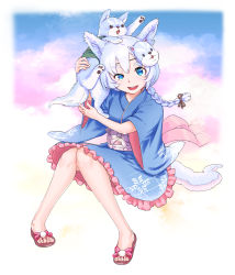 Rule 34 | 1girl, animal, animal ears, animal on head, blue eyes, blue hair, braid, cloud, dog, frilled kimono, frills, full body, gradient background, highres, japanese clothes, kimono, knees together feet apart, koyomi (shironeko project), long hair, mask, mask on head, matching hair/eyes, on head, open mouth, sandals, saromarin, shironeko project, short kimono, sitting, smile, solo, tail