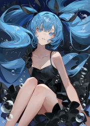 Rule 34 | 1girl, absurdres, aqua eyes, aqua hair, black bow, black dress, blue theme, bow, bubble, chyoel, collarbone, dress, feet out of frame, frilled dress, frills, hair bow, hatsune miku, highres, knees up, legs together, long hair, looking at viewer, no pupils, shinkai shoujo (vocaloid), sitting, solo, spaghetti strap, twintails, underwater, very long hair, vocaloid