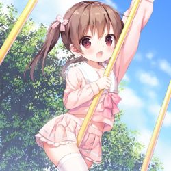 Rule 34 | 1girl, arm up, blue sky, blush, bow, brown hair, chitosezaka suzu, climbing, cloud, collarbone, commentary request, day, dutch angle, hair between eyes, hair bow, long hair, long sleeves, looking at viewer, open mouth, original, outdoors, pastel colors, pink bow, pink serafuku, pink shirt, pink skirt, pleated skirt, pole, red eyes, sailor collar, school uniform, serafuku, shirt, sidelocks, skirt, sky, solo, thighhighs, twintails, white sailor collar, white thighhighs