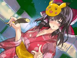 Rule 34 | 1girl, alternate costume, banana, black hair, blush, breasts, character mask, chocolate banana, colorized, cookie (touhou), creatures (company), crossover, drunk, floral print, food, fruit, game freak, gen 1 pokemon, hair ornament, hair ribbon, hair tubes, hakurei reimu, japanese clothes, kanna (cookie), kimono, looking at viewer, mask, mask on head, mutsutake, nintendo, obi, pikachu, pointing, pointing at viewer, pokemon, pokemon (creature), red eyes, ribbon, sash, sketch, solo, string, summer festival, sweatdrop, touhou