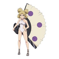 Rule 34 | 1girl, bare legs, bare shoulders, bikini, blonde hair, blue eyes, breasts, hand fan, hand on own hip, high heels, holding, holding fan, holding weapon, legs, looking at viewer, naruto (series), naruto shippuuden, official art, one-piece swimsuit, smile, swimsuit, temari (naruto), weapon