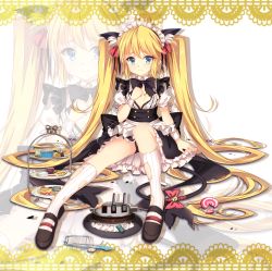 Rule 34 | 1girl, absurdly long hair, andrea doria (warship girls r), animal ears, apron, bell, bendy straw, black bow, black footwear, black panties, black skirt, blonde hair, blue eyes, bow, breasts, cake, candy, cannon, cat ears, cat girl, cat tail, closed mouth, cookie, cup, drink, drinking glass, drinking straw, food, frilled apron, frills, full body, hair between eyes, highres, jianren, jingle bell, kneehighs, lollipop, long hair, looking at viewer, maid, maid headdress, muffin, panties, puffy short sleeves, puffy sleeves, red bow, ribbed legwear, ringlets, shirt, shoes, short sleeves, sidelocks, sitting, skirt, small breasts, socks, solo, spill, swirl lollipop, tail, tail bell, tail bow, tail ornament, thick eyebrows, tiered tray, torn clothes, torn legwear, torn shirt, torn socks, turret, twintails, underwear, v-shaped eyebrows, very long hair, waist apron, warship girls r, white apron, white shirt, white socks, wrist cuffs, zoom layer