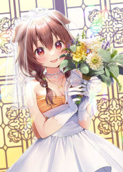 Rule 34 | 1girl, :p, alternate costume, animal ears, bare shoulders, blush, bouquet, braid, breasts, bridal veil, bride, brown hair, cleavage, collarbone, commentary request, dress, flower, gloves, hair between eyes, hair flower, hair ornament, holding, holding bouquet, hololive, inugami korone, jewelry, long hair, looking at viewer, low twintails, medium breasts, momoshiki tsubaki, necklace, pleated dress, red eyes, sleeveless, sleeveless dress, smile, solo, strapless, tongue, tongue out, twin braids, twintails, veil, virtual youtuber, wedding, wedding dress, white dress, white gloves