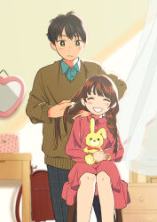 Rule 34 | 1boy, 1girl, :d, absurdres, adjusting another&#039;s hair, backpack, bag, black hair, black pants, blue shirt, blush, braid, braiding hair, brown hair, brown sweater, buttons, closed eyes, collared shirt, curtains, day, dot nose, dress, expressionless, facing viewer, father and daughter, feet out of frame, green eyes, grin, hairdressing, highres, indoors, knees together feet apart, kojiro337, long bangs, long hair, long sleeves, mirror, hugging object, open mouth, original, pants, pinstripe dress, pinstripe pattern, randoseru, red shirt, red skirt, shirt, short hair, sitting, skirt, smile, stool, striped, stuffed animal, stuffed rabbit, stuffed toy, sweater, table, teeth, twin braids, wooden table