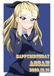 Rule 34 | 1girl, artist logo, assam (girls und panzer), birthday, black necktie, blonde hair, blue background, blue eyes, blue skirt, blue sweater, blush, border, character name, closed mouth, commentary, dated, dress shirt, english text, girls und panzer, hair pulled back, hair ribbon, hands on own face, happy birthday, highres, ichijou takakiyo, long hair, long sleeves, looking at viewer, necktie, outside border, pleated skirt, ribbon, school uniform, shirt, skirt, smile, solo, st. gloriana&#039;s school uniform, sweater, upper body, v-neck, white border, white shirt, wing collar