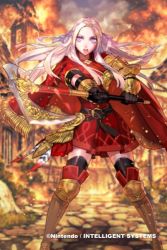 Rule 34 | 1girl, armor, armored boots, axe, blue eyes, blue ribbon, boots, breastplate, cape, dress, edelgard von hresvelg, fire, fire emblem, fire emblem: three houses, fire emblem cipher, gauntlets, holding, holding weapon, kurahana chinatsu, nintendo, official art, outdoors, parted bangs, red cape, red dress, ribbon, ruins, short dress, thigh boots, thighhighs, town, weapon, white hair