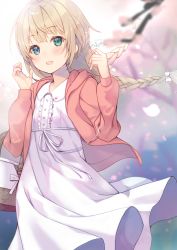 Rule 34 | 1girl, :d, ameshizuku natsuki, bag, blue eyes, braid, brown hair, buttons, center frills, cherry blossoms, collared dress, cowboy shot, day, dress, fang, floating hair, frills, green eyes, handbag, hands up, heterochromia, jacket, long hair, long sleeves, looking at viewer, open clothes, open jacket, open mouth, original, outdoors, petals, pleated dress, red jacket, sidelocks, signature, sleeve cuffs, smile, solo, string, white dress, wind