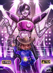 Rule 34 | 1boy, androgynous, android, back, black hair, blue sweater, brown hair, brown hat, cowboy hat, dated, fabulous, finger on trigger, frisk (undertale), glowing, grin, gun, hair over one eye, hand on own hip, handgun, hat, heart, highres, holding, holding gun, holding weapon, k ptn, left-handed, long sleeves, looking at another, mettaton, mettaton ex, one eye covered, short hair, signature, size difference, smile, stage, stage lights, striped clothes, striped sweater, sweater, undertale, w arms, weapon