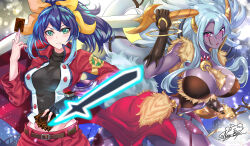 Rule 34 | 2girls, absurdres, alternate breast size, belt, between fingers, blue hair, breasts, card, card between fingers, cleavage, colored skin, colored tips, duel academy uniform (yu-gi-oh! arc-v), duel disk, duel monster, fingerless gloves, frown, gloves, gradient hair, green eyes, highres, holding, holding card, holding sword, holding weapon, jacket, large belt, large breasts, long hair, lunalight leo dancer, multicolored hair, multiple girls, nez-box, open clothes, open jacket, open mouth, ponytail, purple skin, red eyes, serena (yu-gi-oh!), signature, single glove, sword, weapon, yu-gi-oh!, yu-gi-oh! arc-v