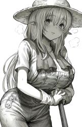 Rule 34 | 1girl, absurdres, blush, breasts, elf, gibagiba, gloves, greyscale, hat, highres, large breasts, long hair, looking at viewer, monochrome, original, overalls, parted lips, pointy ears, reszurre, shirt, short sleeves, solo, sun hat