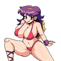 Rule 34 | 1girl, arm support, athena (series), bikini, blue eyes, breasts, cleavage, highres, huge breasts, iggybomb, long hair, navel, open mouth, princess athena, purple hair, red bikini, shield, sitting, smile, snk, solo, swimsuit, thick thighs, thighs