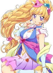 Rule 34 | 1girl, asahina mirai, blonde hair, blue choker, braid, breasts, choker, cleavage, collarbone, cure miracle, cure miracle (sapphire style), earrings, floating hair, hair ornament, hairband, hat, heart, heart hair ornament, highres, jewelry, kneeling, long hair, mahou girls precure!, medium breasts, midriff, miniskirt, mofuko, navel, open mouth, pink headwear, pleated skirt, precure, purple eyes, purple skirt, sapphire style, sash, simple background, skirt, solo, stomach, very long hair, white background, white legwear, witch hat
