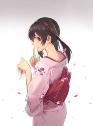 Rule 34 | 10s, 1girl, bad id, bad pixiv id, black hair, finger to mouth, floral print, gradient background, hair ribbon, highres, huanxiang heitu, japanese clothes, kimono, letter, long sleeves, looking at viewer, love letter, love live!, love live! school idol project, nape, petals, pink eyes, revision, ribbon, sash, shushing, smile, solo, twintails, wide sleeves, yazawa nico
