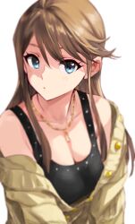 Rule 34 | 1girl, bare shoulders, black shirt, blue eyes, blurry, blush, breasts, brown hair, cardigan, cleavage, collarbone, goshiki suzu, highres, idolmaster, idolmaster million live!, idolmaster million live! theater days, jewelry, large breasts, long hair, long sleeves, looking at viewer, necklace, off shoulder, open mouth, parted lips, partially unbuttoned, shirt, simple background, solo, swept bangs, tank top, tokoro megumi, white background, yellow cardigan