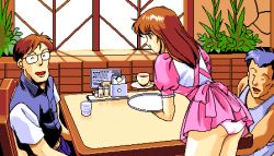 Rule 34 | 1990s (style), 1girl, 2boys, 5 jikanme no venus, brown hair, cowboy shot, cup, dress, drinking glass, fairy dust, game cg, glasses, indoors, lowres, microdress, multiple boys, panties, pantyshot, pc98, pink dress, pixel art, puffy short sleeves, puffy sleeves, retro artstyle, saucer, short sleeves, sitting, smile, stack bond, standing, table, tagme, teacup, tray, underwear, waitress, waitress uniform