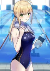 Rule 34 | 1girl, :o, ahoge, artoria pendragon (all), artoria pendragon (fate), blonde hair, bottle, competition swimsuit, fate (series), green eyes, hair between eyes, highres, indoors, long hair, looking to the side, official alternate costume, one-piece swimsuit, pale skin, pool, saber (fate), saber (summer battle clothes) (fate), sidelocks, sii artatm, solo, swimsuit, towel, water bottle, wet