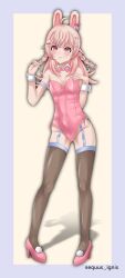 Rule 34 | 1girl, animal ears, bow, bowtie, braid, breasts, cleavage, covered navel, detached collar, ear bow, equus ignis, full body, garter straps, hair ornament, hands up, heart, heart hair ornament, high heels, highleg, highleg leotard, highres, leotard, long hair, looking at viewer, phase connect, pink bow, pink bowtie, pink eyes, pink footwear, pink hair, pink leotard, pipkin pippa, playboy bunny, rabbit ears, rabbit girl, rabbit hair ornament, rabbit ornament, small breasts, solo, standing, star (symbol), star hair ornament, strapless, strapless leotard, thighhighs, twitter username, virtual youtuber, wrist cuffs
