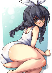 Rule 34 | 10s, 1girl, alternate hairstyle, arm support, ass, bespectacled, black hair, braid, brown eyes, from behind, girls und panzer, glasses, green-framed eyewear, hair ribbon, long hair, looking at viewer, looking back, lying, on side, one-piece swimsuit, outside border, parted lips, reizei mako, ribbon, school swimsuit, semi-rimless eyewear, shadow, shinshin, sketch, solo, swimsuit, twin braids, under-rim eyewear, white one-piece swimsuit, white ribbon, white school swimsuit