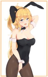 Rule 34 | 1girl, animal ears, arm behind head, bare shoulders, black bow, blonde hair, blue eyes, blush, bow, bowtie, breasts, rabbit ears, cleavage, commentary request, darkness (konosuba), detached collar, fake animal ears, framed, hair ornament, highres, kono subarashii sekai ni shukufuku wo!, large breasts, long hair, looking at viewer, open mouth, pantyhose, playboy bunny, ponytail, simple background, solo, soveno, white background, wrist cuffs, x hair ornament
