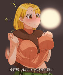 Rule 34 | 1girl, ashley graham, blonde hair, blush, breasts, brown eyes, covered erect nipples, grabbing, grabbing another&#039;s breast, highres, large breasts, mikaponcho, nipples, orange shirt, plaid, plaid skirt, resident evil, resident evil 4, ribbed sweater, shirt, short hair, skirt, sweater, translation request, turtleneck