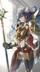 Rule 34 | 1girl, armor, belt, blue eyes, blue hair, breastplate, clear glass (mildmild1311), fire emblem, fire emblem awakening, fire emblem heroes, from side, gloves, hair ornament, highres, holding, holding weapon, long hair, lucina (brave princess) (resplendent) (fire emblem), lucina (fire emblem), nintendo, official alternate costume, polearm, solo, weapon