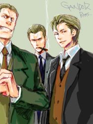 Rule 34 | 00s, 3boys, ahoge, baccano!, berga gandor, blonde hair, brothers, cigar, clenched hand, formal, gangster, gangsters, keith gandor, luck gandor, mafia, male focus, manly, multiple boys, non-web source, siblings, suit