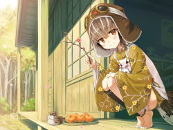 Rule 34 | 1girl, anklet, ayakashi kyoushuutan, barefoot, bird, bird girl, blush, branch, brown eyes, brown hair, brown hat, cura, day, feathers, floral print, food, fruit, full body, goggles, goggles on head, goggles on headwear, hat, highres, hiyo (ayakashi kyoushuutan), hiyo (whisp), holding, holding branch, japanese clothes, jewelry, looking at viewer, monster girl, multicolored hair, orange (fruit), outdoors, porch, short hair, smile, solo, squatting, streaked hair, white hair, wide sleeves