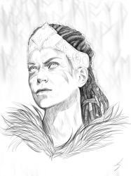 Rule 34 | 1girl, bags under eyes, blood, blood from mouth, bodypaint, celtic, facepaint, forehead, forehead protector, fur collar, greyscale, hair pulled back, hellblade, highres, long hair, monochrome, ponytail, senua, sleeveless, solo