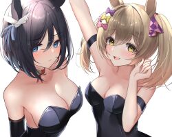 Rule 34 | arm up, black hair, blue eyes, breasts, brown eyes, brown hair, collarbone, commentary request, detached sleeves, eishin flash (umamusume), hair ornament, highres, horse girl, leotard, looking at viewer, medium breasts, medium hair, open mouth, playboy bunny, portrait, simple background, small breasts, smart falcon (umamusume), takmi, umamusume, white background