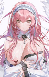Rule 34 | 1girl, absurdres, areola slip, azur lane, bare shoulders, blush, breasts, cleavage, closed mouth, clothes pull, collarbone, crossed arms, cum, cum in mouth, cum on body, cum on breasts, cum on upper body, dress, dress pull, facial, hairband, highres, large breasts, lips, long hair, long sleeves, looking away, nike (nike1060), one breast out, perseus (azur lane), pink eyes, pink hair, solo, upper body, white background, white dress, white hairband, white wings, wings