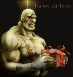 Rule 34 | 1boy, bandages, birthday, candle, capcom, eyepatch, gift, happy birthday, holding, holding gift, male focus, muscular, sagat, scar, topless male, smile, solo, street fighter, toshi
