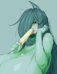 Rule 34 | 1girl, 2b-ge, ahoge, bikini, blue background, blush, breasts, eating, female focus, food, food on body, food on breasts, gigantic breasts, grey background, grey hair, hair over one eye, highres, holding, holding food, holding popsicle, licking, limited palette, long hair, looking at viewer, mature female, mei&#039;s mom (2b-ge), open mouth, original, popsicle, sexually suggestive, shiny skin, solo, spot color, swimsuit, tongue, tongue out, upper body, w arms